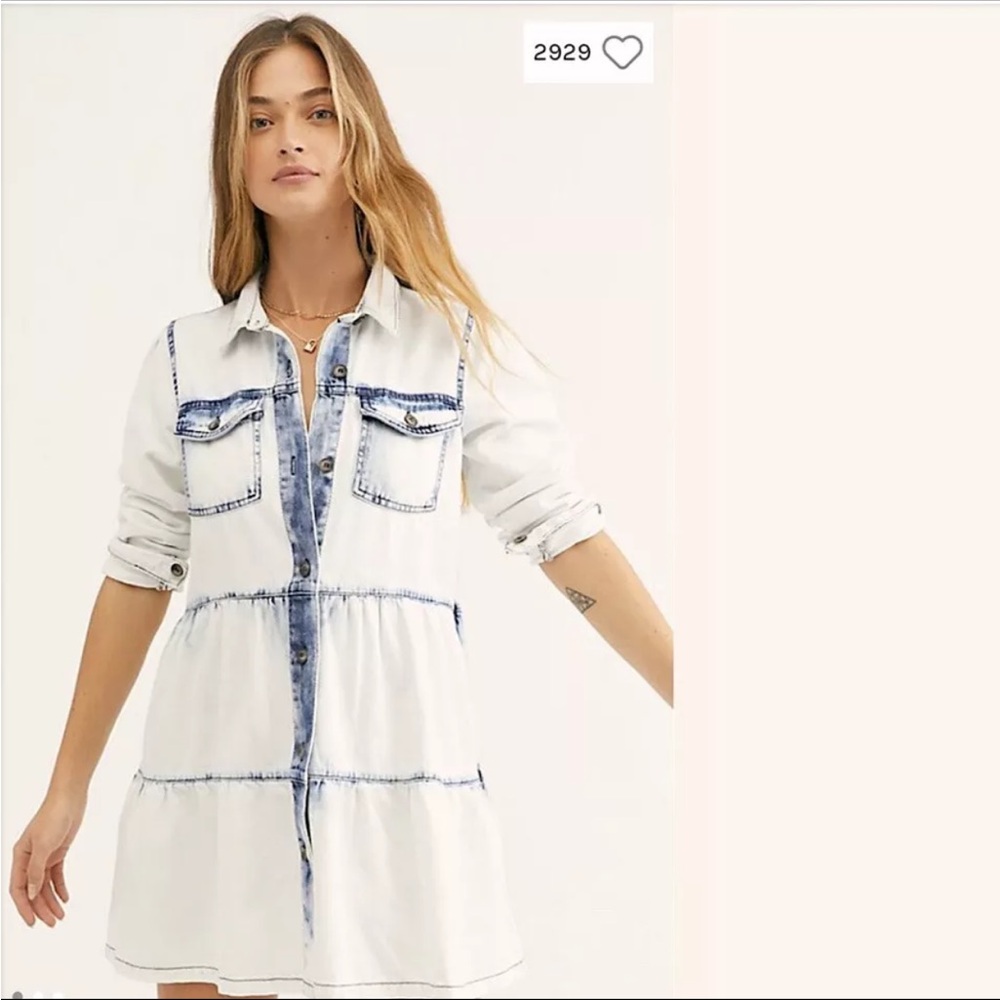 Free people white and blue denim washed button down shirt dress small